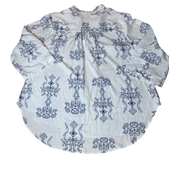SHEIN Boho Print V-Neck Blouse 3/4 Sleeve White & Navy Blue Size 1XL - Picture 4 of 5